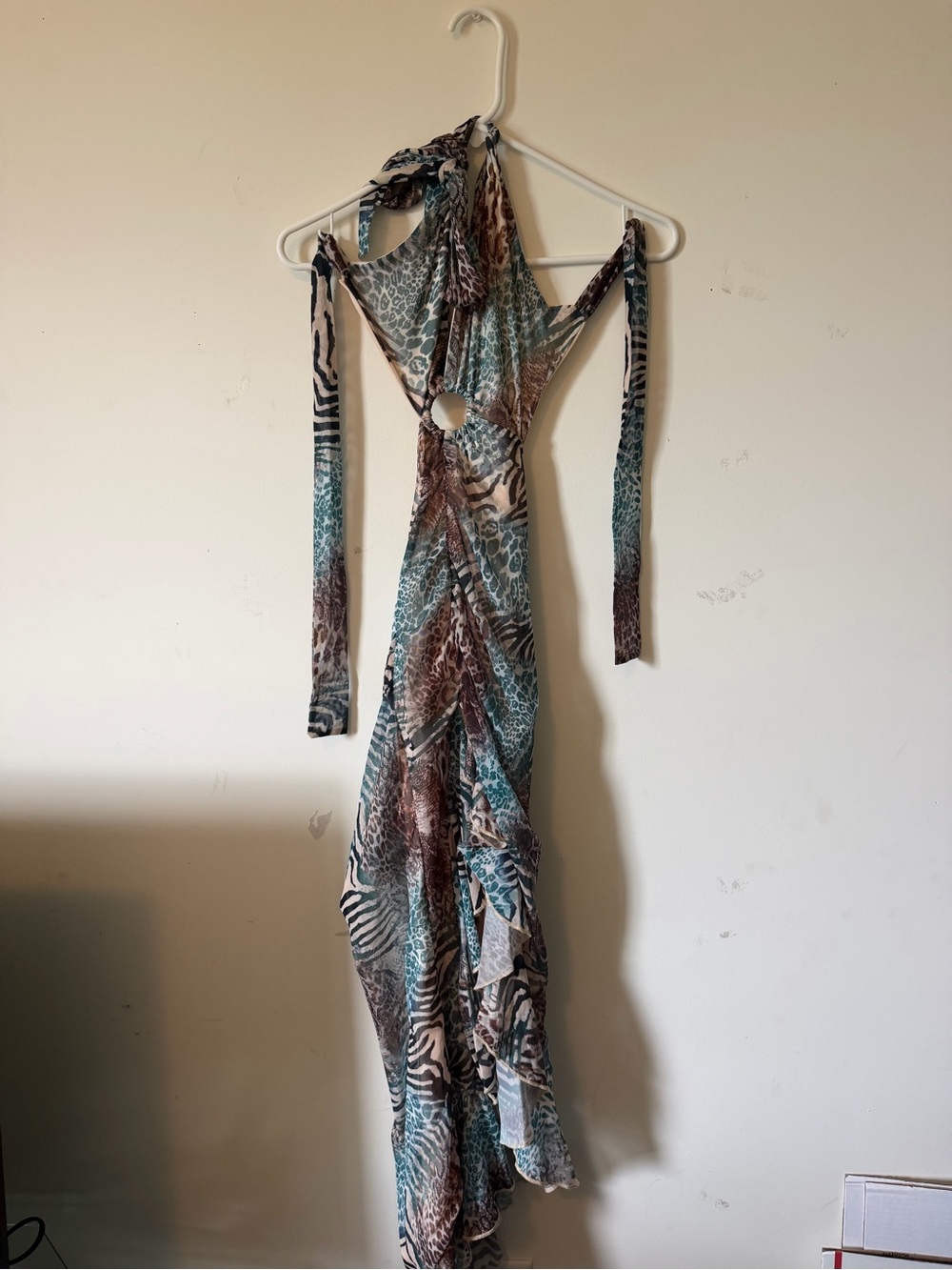 SHEIN Teal, Brown and Cream Backless Tie-Back Maxi Dress